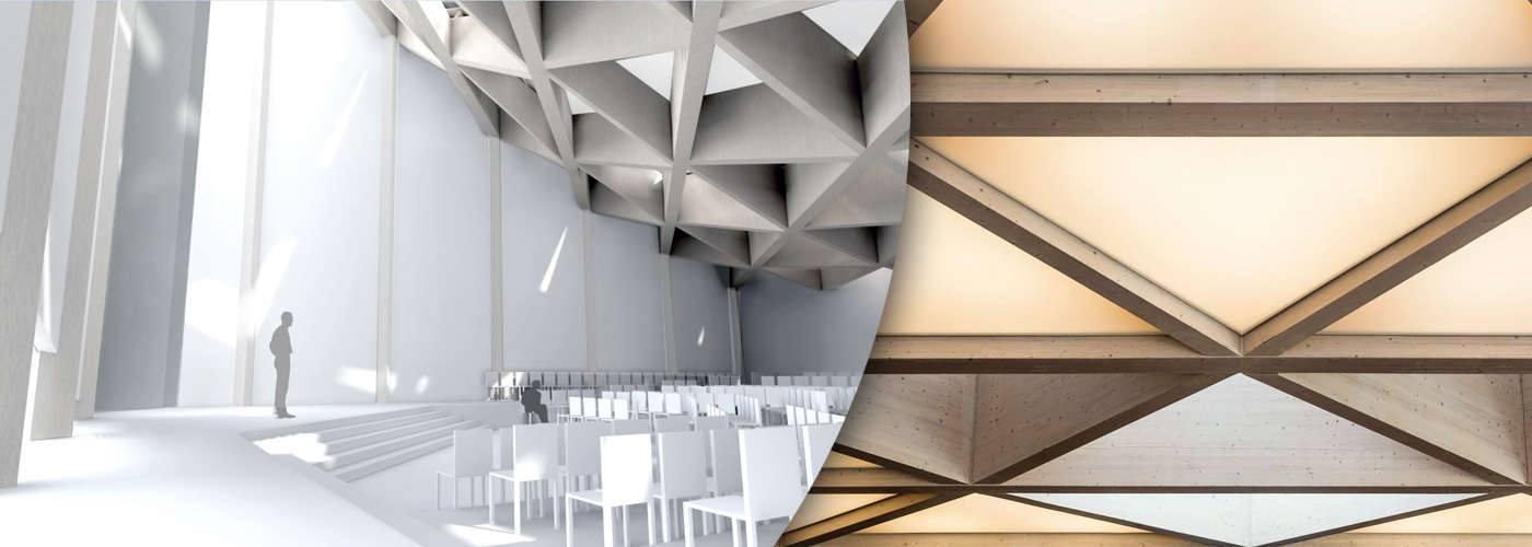 Дневной свет проникает через треугольные формы в своде храма